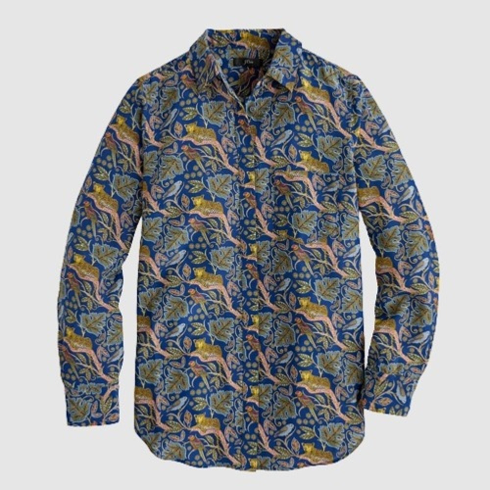 NWT J. Crew Silk Button Up Shirt Botanical‎ Cheetah Print Navy AC373 Size 4